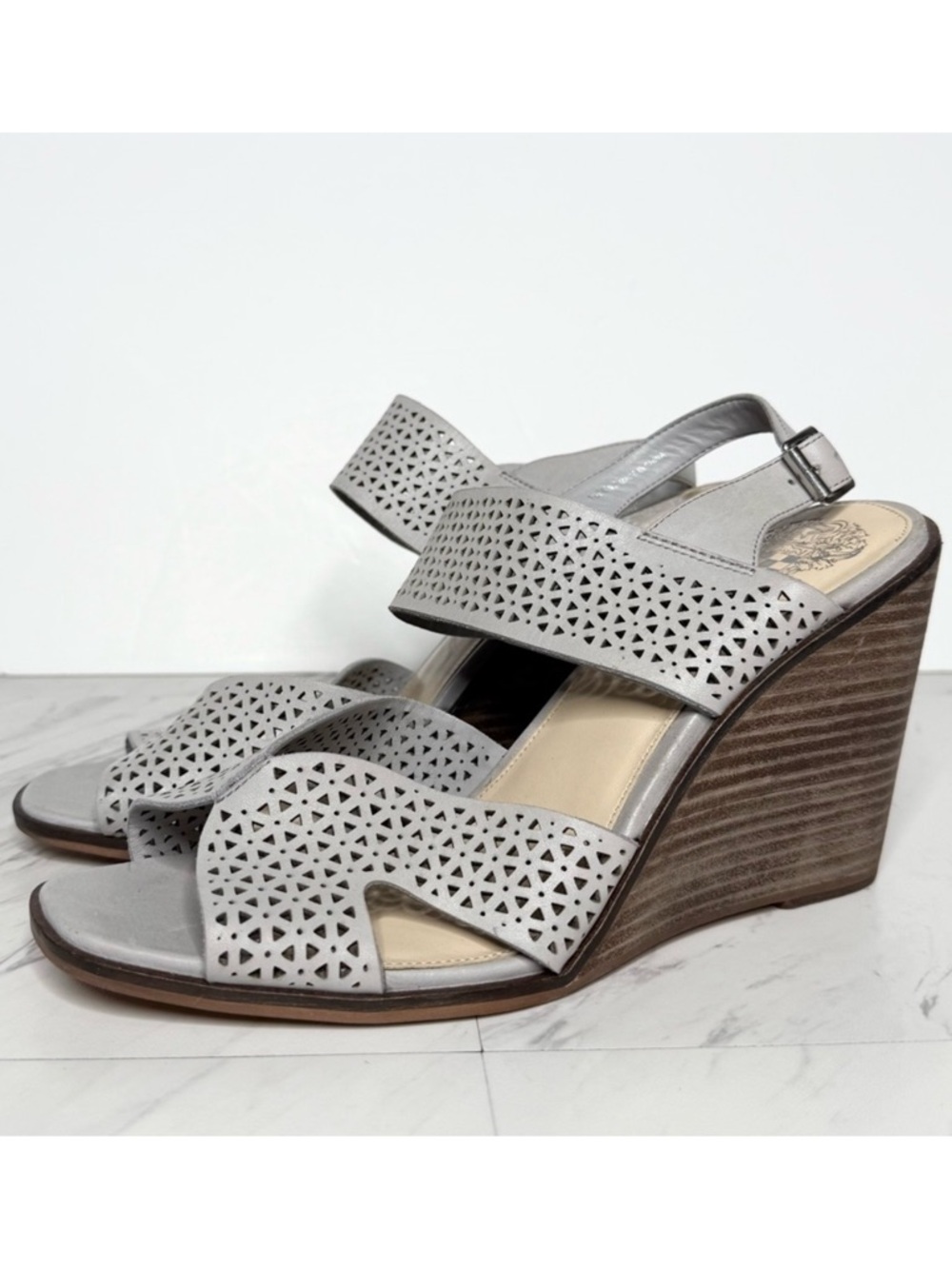 Vince Camuto Delinda Blue Gray Leather Wedge Sandal 10M